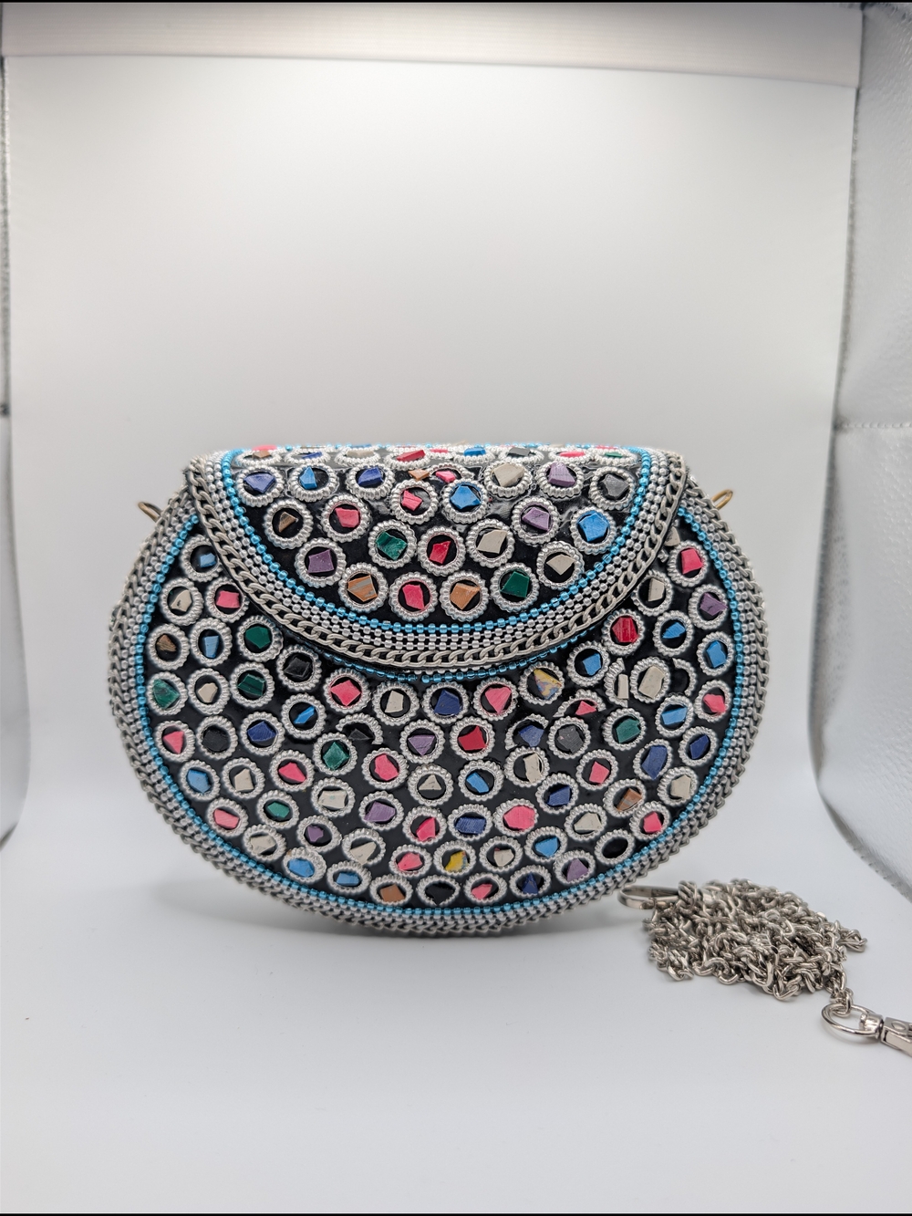 RAMLA Handmade Mosaic Stone Beaded Metal Clutch Crossbody Bag Evening Purse